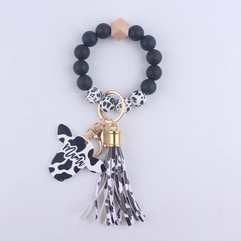 Wholesale MAMA Wood Chips Cow Head Western Style Silicone Beads Wrist Keychain